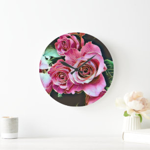 GRANDE HORLOGE RONDE FLEURS ROSES ROSES ROSES ROSES