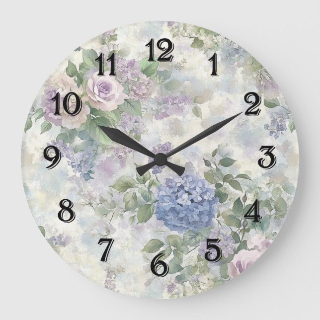 Grande Horloge Ronde Fleurs roses violettes romantiques (Recto)