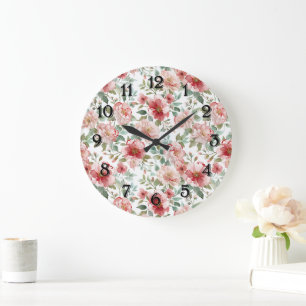 Grande Horloge Ronde Fleurs rouges roses