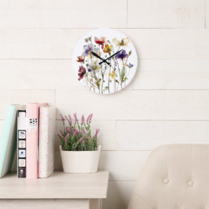 Grande Horloge Ronde fleurs sauvages de printemps colorées dans la coul