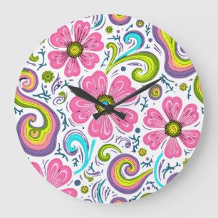 Grande Horloge Ronde Fleurs Tourbillonnantes Psychedéliques Rose Graphi