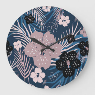 Grande Horloge Ronde Fleurs tropicales Palm Texture Feuille