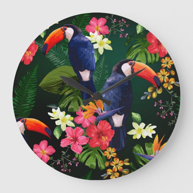 Grande Horloge Ronde Fleurs tropicales, toucan : arrière - plan floral. (Recto)