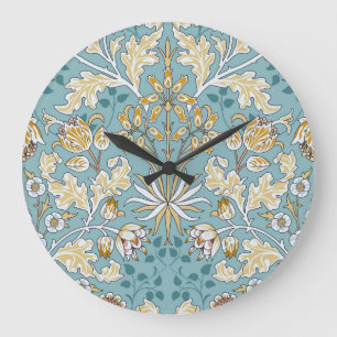 Grande Horloge Ronde Fleurs vintages, feuillage bleu clair transparent