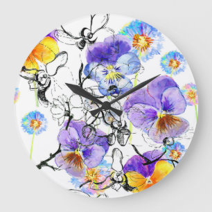 Grande Horloge Ronde Fleurs violettes Aquarelle Motif Vintage