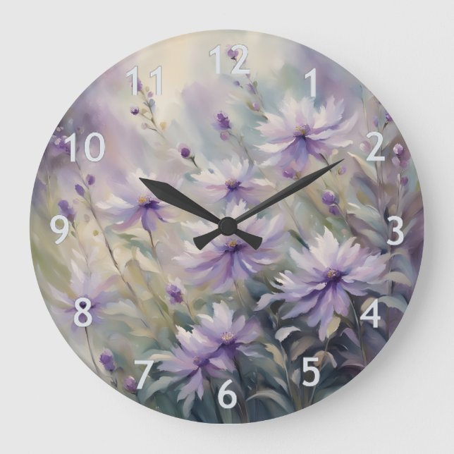 Grande Horloge Ronde Fleurs violettes douces et romantiques (Recto)