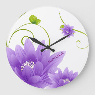Grande Horloge Ronde Fleurs Violettes Et Feuilles Verts
