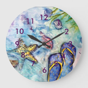 Grande Horloge Ronde Flip Flop Beach aquarelle à thème