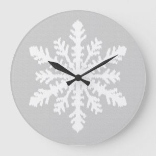 Grande Horloge Ronde Flocon de neige d'Ikat - gris argenté et blanc