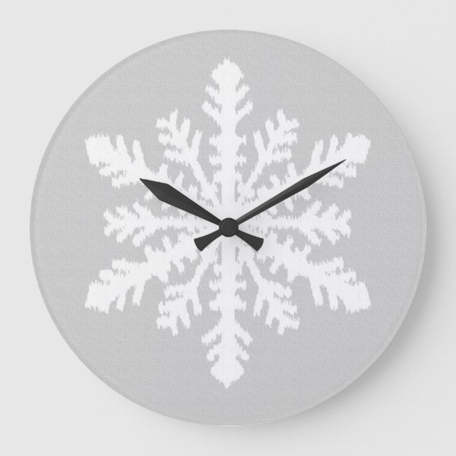 Grande Horloge Ronde Flocon de neige d'Ikat - gris argenté et blanc (Recto)