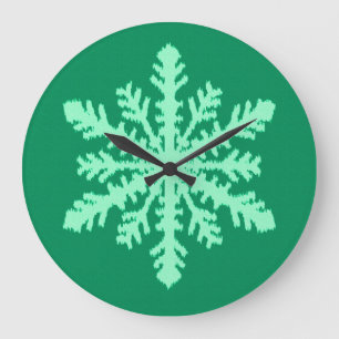 Grande Horloge Ronde Flocon de neige Ikat - Vert pin et menthe