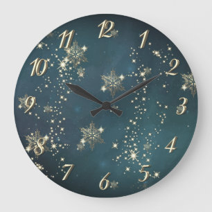 Grande Horloge Ronde Flocons de neige dorés chic verts