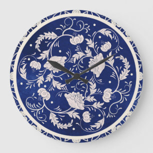 Grande Horloge Ronde Floral chinois rond : Aquarelle bleue Vintage