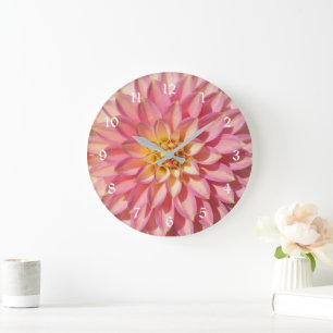 Grande Horloge Ronde Floral Dahlia Rose clair