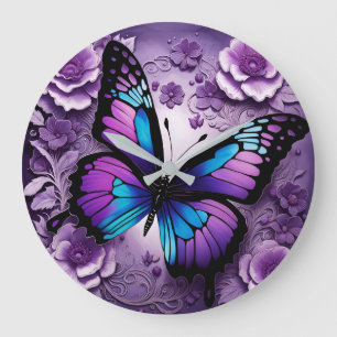 Grande Horloge Ronde Floral de papillon pourpre