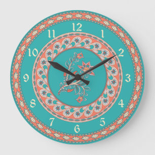 Grande Horloge Ronde Floral et feuille Turquoise indien exotique