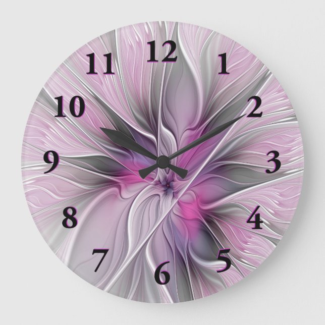Grande Horloge Ronde Floral Fractal moderne Fleur Abstraite rose gris (Recto)