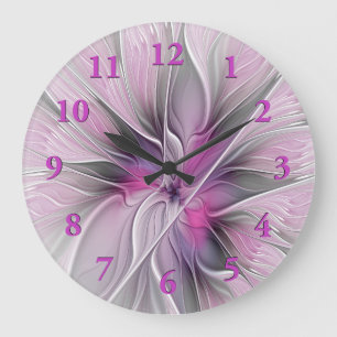 Grande Horloge Ronde Floral Fractal moderne Fleur Abstraite rose gris