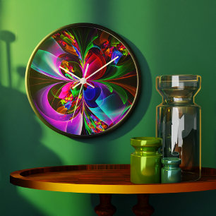 Grande Horloge Ronde Floral moderne Art Abstrait Rouge Bleu Motif #12