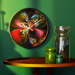 Grande Horloge Ronde Floral moderne Art Abstrait Rouge Bleu Motif #13