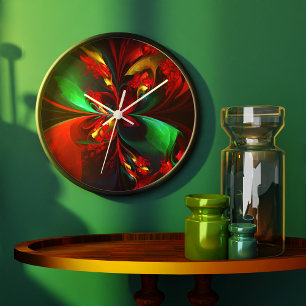 Grande Horloge Ronde Floral moderne Art Abstrait Rouge Vert Motif #11