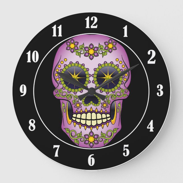 Grande Horloge Ronde Floral pourpre de crâne de sucre (Recto)