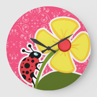 Grande Horloge Ronde Floral rose ; coccinelle