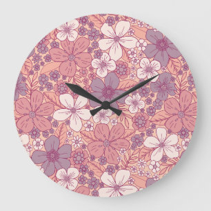 Grande Horloge Ronde Floral rose et violet pastel