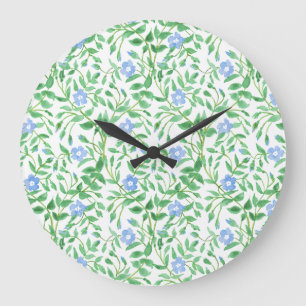 Grande Horloge Ronde Floral style champêtre Bleu Blanc Périwinkle Motif
