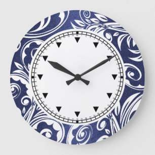 Grande Horloge Ronde Flore blanc bleu et élégant