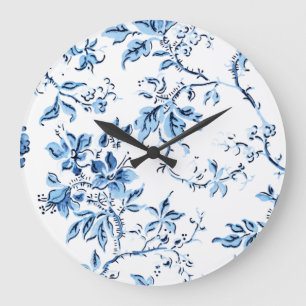 Grande Horloge Ronde Flore blanche et bleue Delft