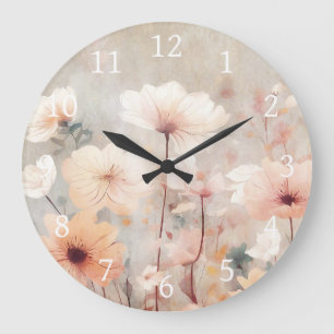 Grande Horloge Ronde Flore Pêche Fleurs Beige Design 328