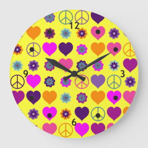 Grande Horloge Ronde Flower Power Heart Peace Motif + votre backgr.