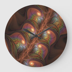 Grande Horloge Ronde Fluorescent coloré Abstrait Trippy Brown Fractal