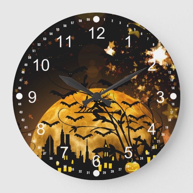 Grande Horloge Ronde Flying Witch Harvest Moon Bats Halloween Venin (Recto)
