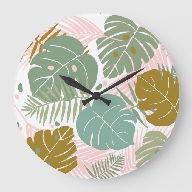Grande Horloge Ronde Foliage Tropical - Motif Monstère Et Feuille De Pa (Recto)