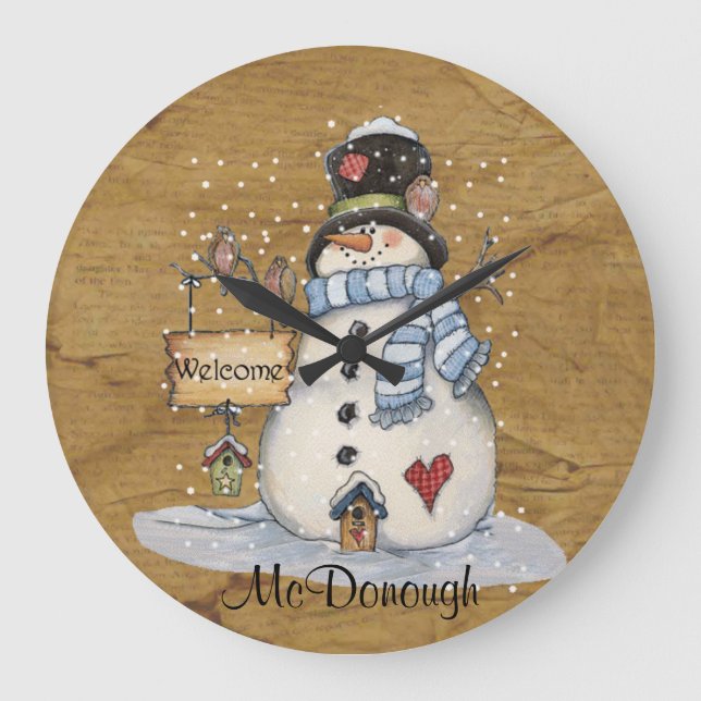 Grande Horloge Ronde Folk Art Snowman dans un vieux journal (Recto)
