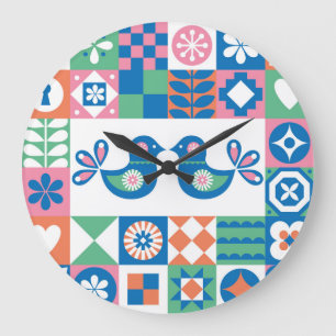 Grande Horloge Ronde Folklore Floral Card : Design scandinave.