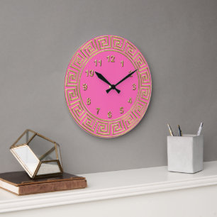 Grande Horloge Ronde Fond à bordure en clé grecque rose chaud doré Art 