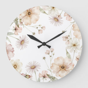 Grande Horloge Ronde Fond aquarelle de bordure de fleurs sauvages douce