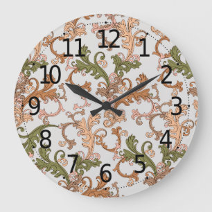 Grande Horloge Ronde Fond Élégant de Feuilles Bohème Victorien Vintage