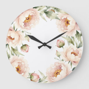 Grande Horloge Ronde Fond floral élégant de pivoine en aquarelle rose p