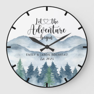 Grande Horloge Ronde Forêt Watercolor Mountains Nouveaux mariés Mariage
