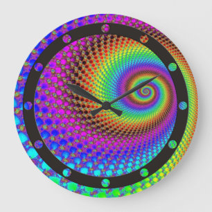 Grande Horloge Ronde Fractale en spirale abstraite - néon coloré