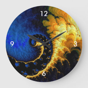 Grande Horloge Ronde Fractale jaune d'or bleue