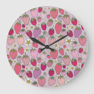Grande Horloge Ronde Fraise Été Motif sans couture