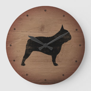Grande Horloge Ronde Français Bulldog Silhouette Faux Wood Style rustiq