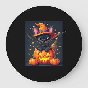 Grande Horloge Ronde Française Bulldog sorcière Citrouille Halloween Ho