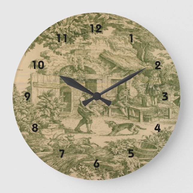 Grande Horloge Ronde French Country Toile Sage Print Clock (Recto)