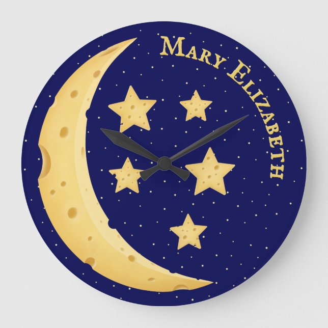 Grande Horloge Ronde Fromage mignon Lune & Étoiles Personnalisé Céleste (Recto)